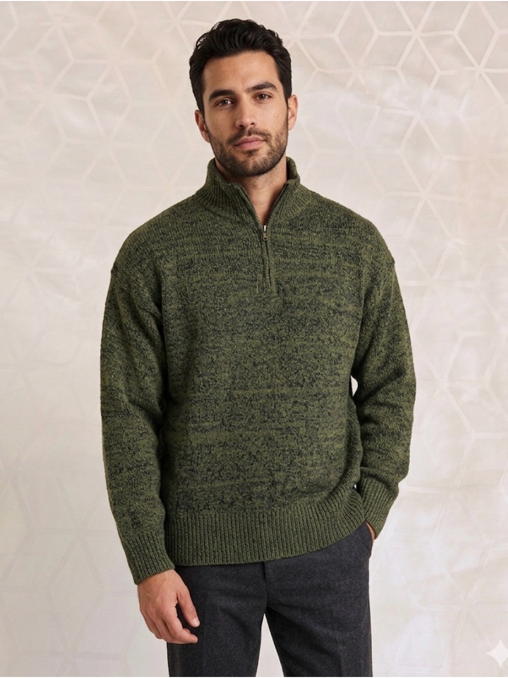 Men's Zip-Neck Sweater - Olive Green